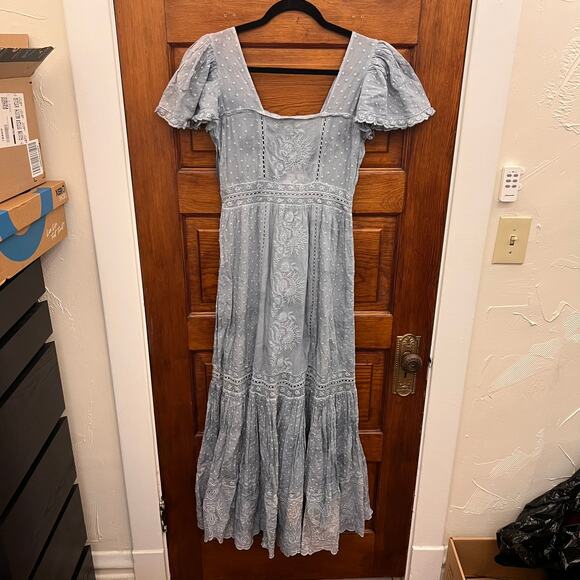 LoveShackFancy Norma Dress Washed Denim Blue size 0 $595 NWT's Embroidered - Picture 14 of 16